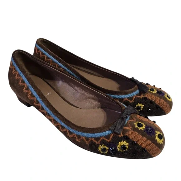 Brown Suede Miu Miu crystal embroidered Kitten heel sz 8 - Picture 1 of 9